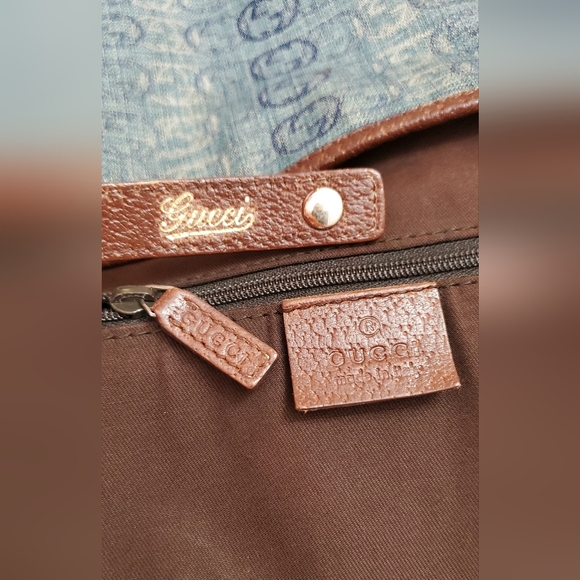 Authentic Gucci Blue Monogram Denim Shoulder Bag with Brown Leather Straps RARE! - Picture 15 of 16